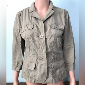 Ann Taylor Loft Jacket Womens M Button Up Khaki Beige Roll Tab Sleeves Utility